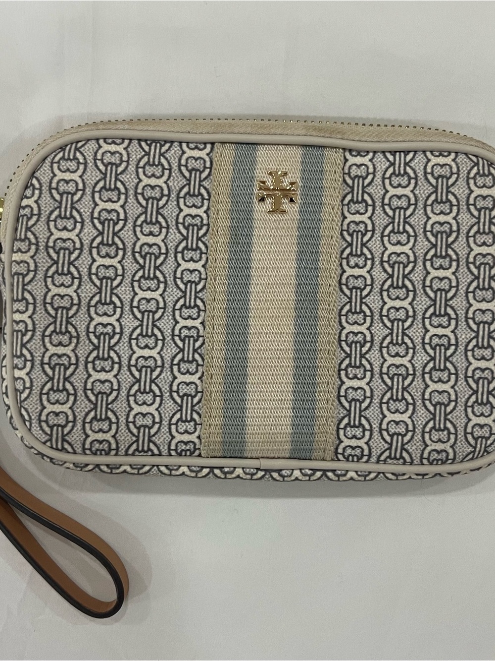 Tory Burch Cream and Light Blue Signature Canvas Wristlet with Gold Logo